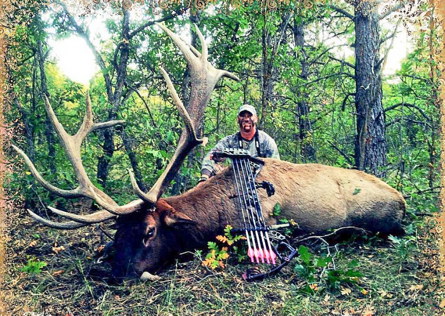 Happy bow hunter with a massive bull elk.